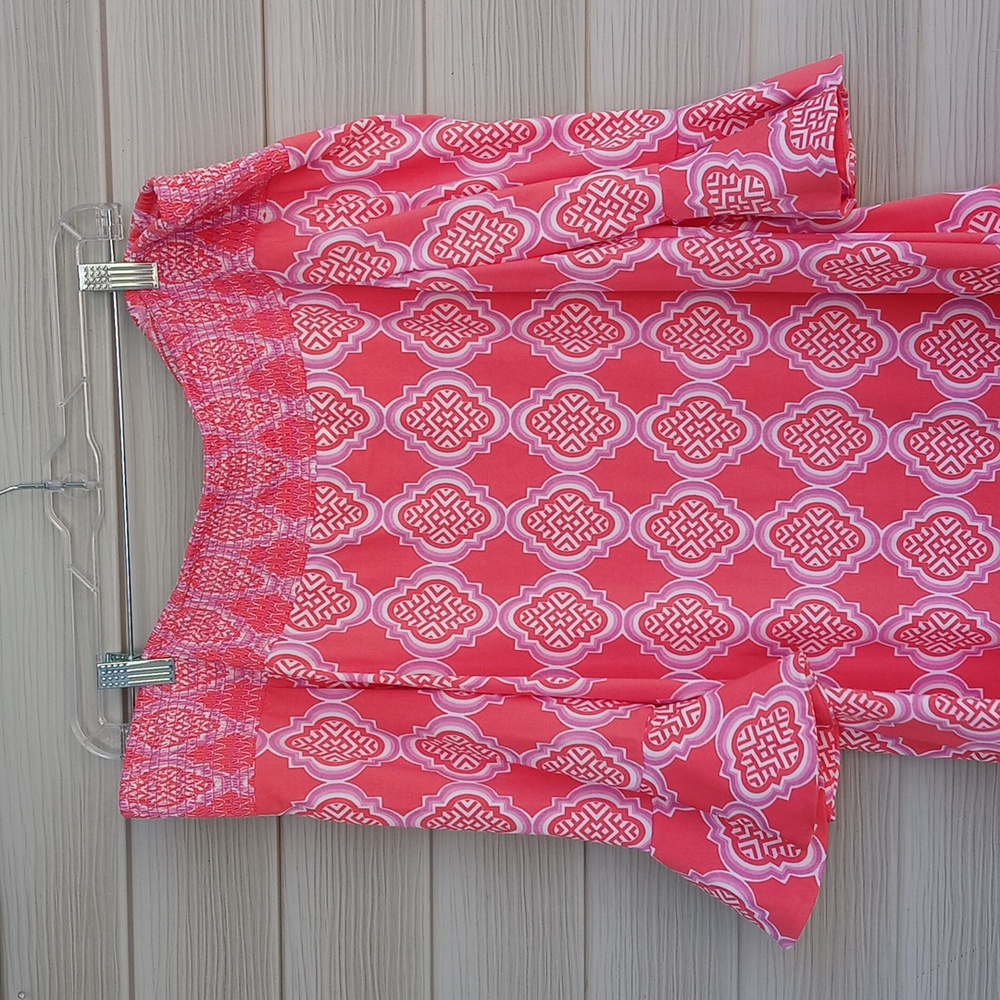 $158 Cabana Shift Pink Off-Shoulder Dress with Tassels - Picture 2 of 6
